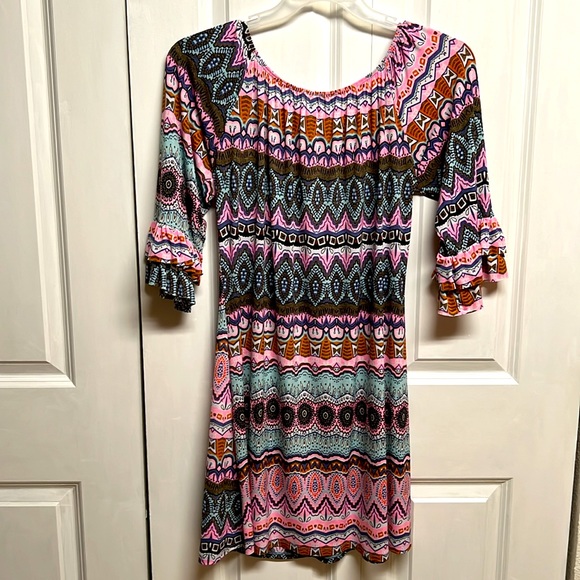 Joe’s Girls Multi Color Abstract Print Mid Double Ruffle Sleeve Dress Size 18 - Picture 6 of 7